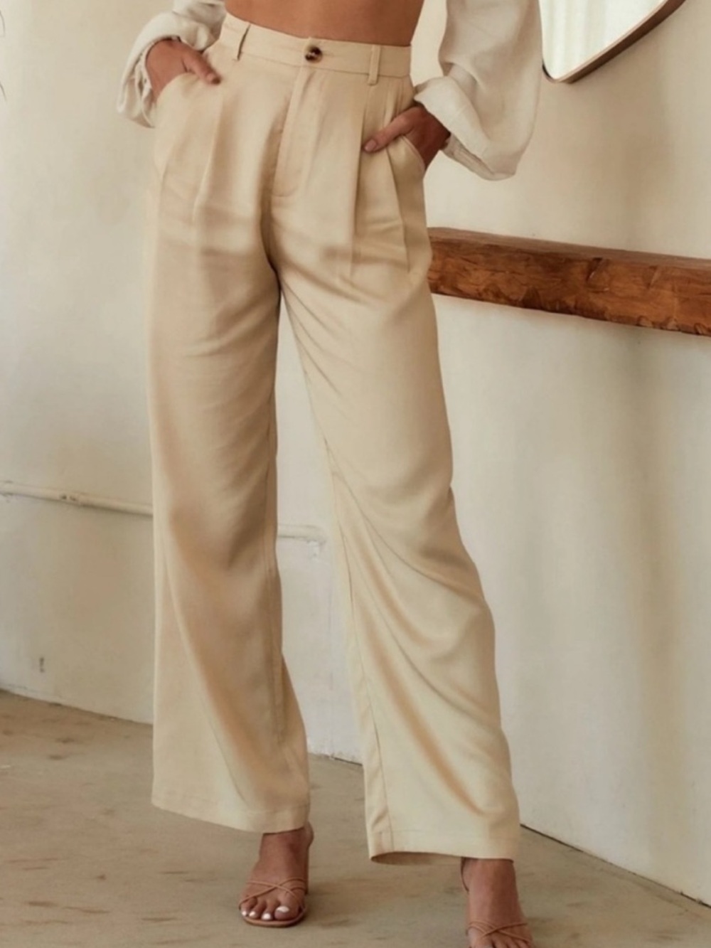 12TH TRIBE Pleated Jaxon Wide Leg Trousers Cream Size Small